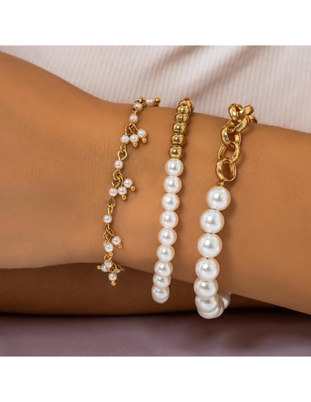 Set 3 bratari elegante, lantisoare cu perle albe, margele aurii si zale mari