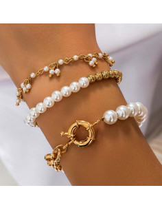 Set 3 bratari elegante, lantisoare cu perle albe, margele aurii si zale mari 2