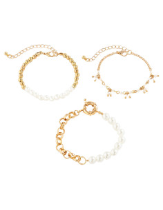 Set 3 bratari elegante, lantisoare cu perle albe, margele aurii si zale mari