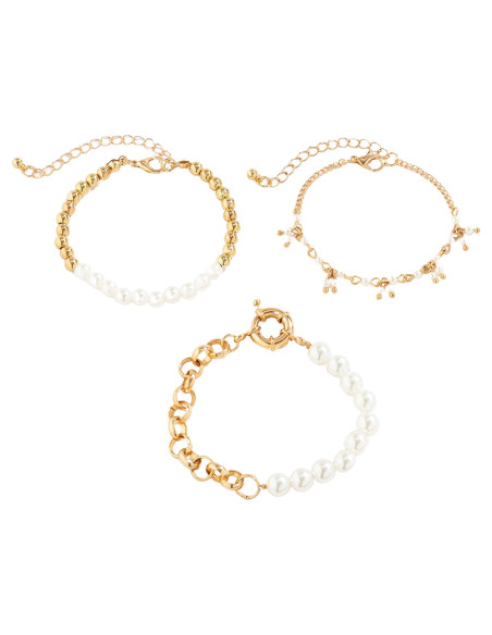 Set 3 bratari elegante, lantisoare cu perle albe, margele aurii si zale mari