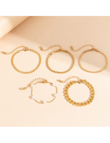 Set 3 bratari elegante, lantisoare cu perle albe, zale mari si lant plat
