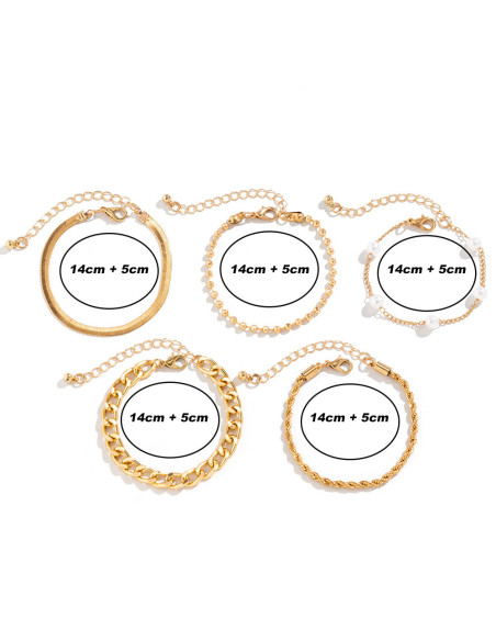 Set 3 bratari elegante, lantisoare cu perle albe, zale mari si lant plat