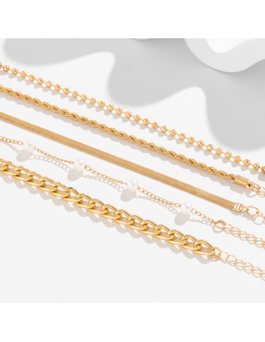 Set 3 bratari elegante, lantisoare cu perle albe, zale mari si lant plat