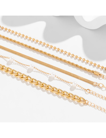 Set 3 bratari elegante, lantisoare cu perle albe, zale mari si lant plat