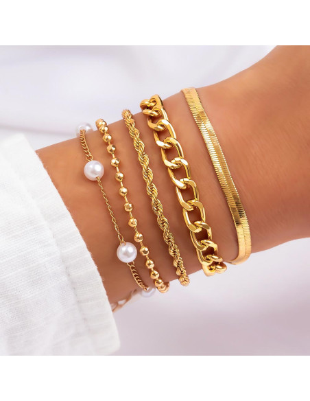 Set 3 bratari elegante, lantisoare cu perle albe, zale mari si lant plat