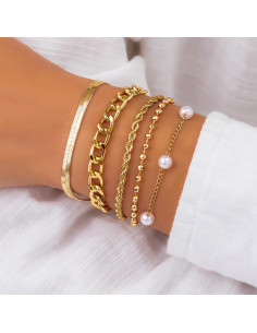 Set 3 bratari elegante, lantisoare cu perle albe, zale mari si lant plat