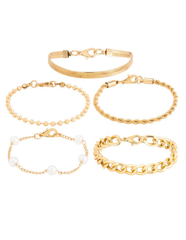 Set 3 bratari elegante, lantisoare cu perle albe, zale mari si lant plat