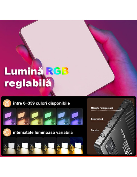 Lampa Foto Video RGB LED Profesionala Ultra Subtire, 360 Culori, 3000K-9900K, 1500mAh, 5W, 20 Efecte, CRI 80+, Mini-Trepied