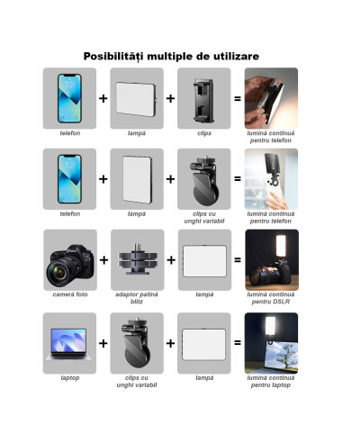 Lampa Foto Video RGB LED Profesionala Ultra Subtire, 360 Culori, 3000K-9900K, 1500mAh, 5W, 20 Efecte, CRI 80+, Mini-Trepied