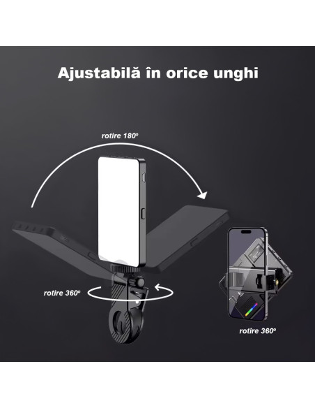 Lampa Foto Video RGB LED Profesionala Ultra Subtire, 360 Culori, 3000K-9900K, 1500mAh, 5W, 20 Efecte, CRI 80+, Mini-Trepied