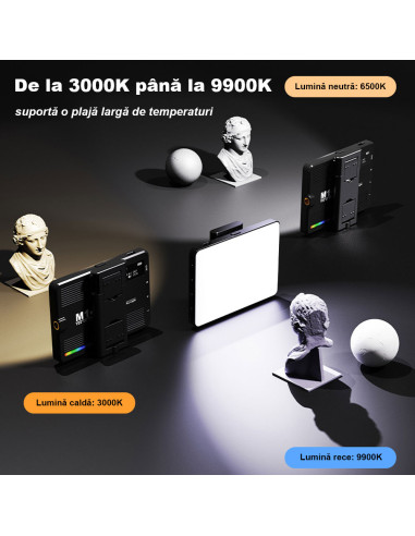 Lampa Foto Video RGB LED Profesionala Ultra Subtire, 360 Culori, 3000K-9900K, 1500mAh, 5W, 20 Efecte, CRI 80+, Mini-Trepied