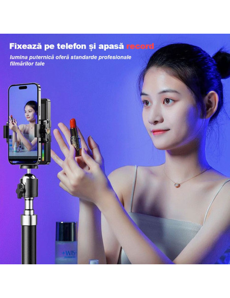 Lampa Foto Video RGB LED Profesionala Ultra Subtire, 360 Culori, 3000K-9900K, 1500mAh, 5W, 20 Efecte, CRI 80+, Mini-Trepied