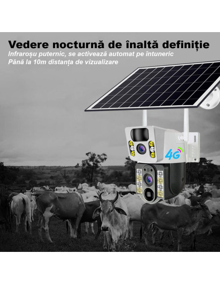 Camera de Supraveghere 4G Dubla, 6MP, Panou Solar 8W, 12.000mAh, Zoom 10x, Nocturna Color, SIM cu internet nelimitat inclus