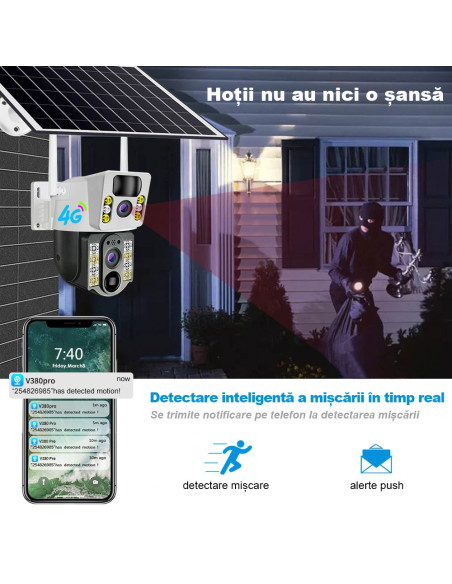 Camera de Supraveghere 4G Dubla, 6MP, Panou Solar 8W, 12.000mAh, Zoom 10x, Nocturna Color, SIM cu internet nelimitat inclus