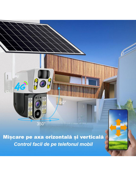 Camera de Supraveghere 4G Dubla, 6MP, Panou Solar 8W, 12.000mAh, Zoom 10x, Nocturna Color, SIM cu internet nelimitat inclus