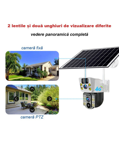 Camera de Supraveghere 4G Dubla, 6MP, Panou Solar 8W, 12.000mAh, Zoom 10x, Nocturna Color, SIM cu internet nelimitat inclus