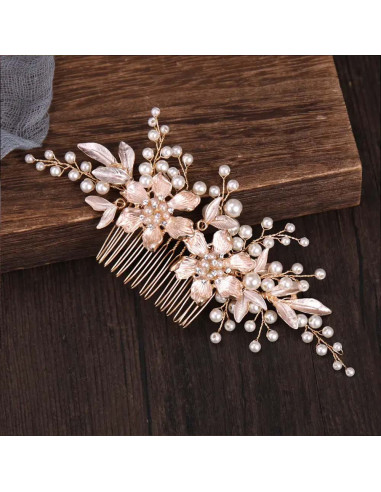 Pieptene de par elegant, flori metalice pictate, cu cristale, ramurele cu frunze si perle