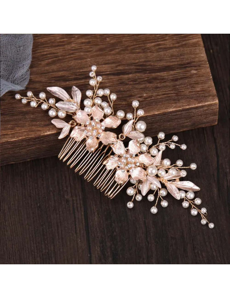 Pieptene de par elegant, flori metalice pictate, cu cristale, ramurele cu frunze si perle