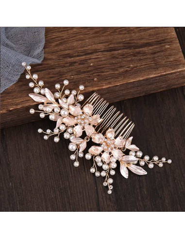 Pieptene de par elegant, flori metalice pictate, cu cristale, ramurele cu frunze si perle