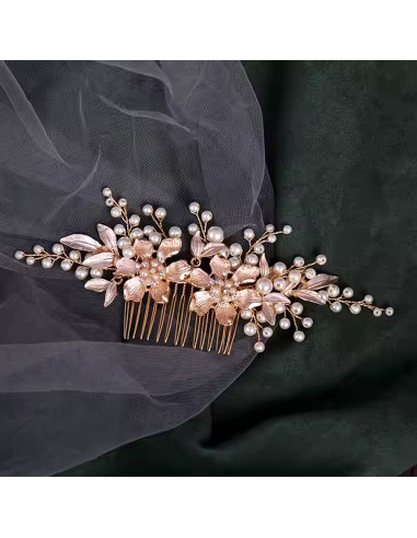 Pieptene de par elegant, flori metalice pictate, cu cristale, ramurele cu frunze si perle