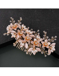 Pieptene de par elegant, floricele metalice si frunzulite  pictate, perle si cristale 2