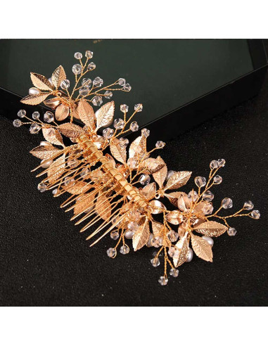 Pieptene de par elegant, floricele metalice si frunzulite  pictate, perle si cristale