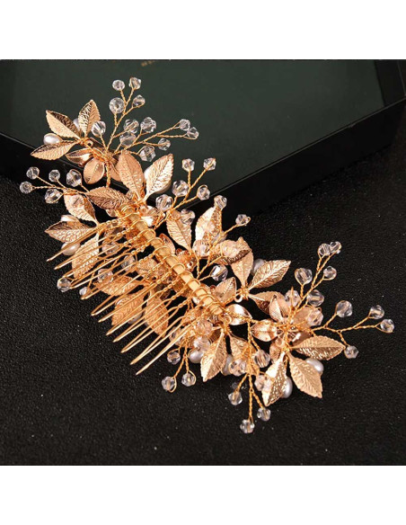 Pieptene de par elegant, floricele metalice si frunzulite  pictate, perle si cristale