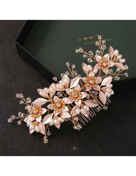 Pieptene de par elegant, floricele metalice si frunzulite  pictate, perle si cristale