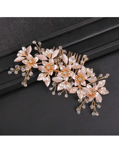 Pieptene de par elegant, floricele metalice si frunzulite  pictate, perle si cristale