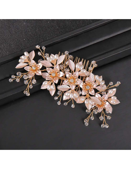 Pieptene de par elegant, floricele metalice si frunzulite  pictate, perle si cristale