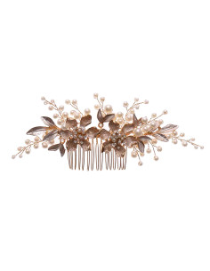 Pieptene de par elegant, flori metalice pictate, cu cristale, ramurele cu frunze si perle