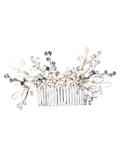 Pieptene de par din fire delicate, flori si frunze metalice pictate, cristale opalescente
