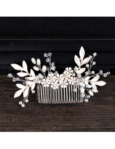 Pieptene de par din fire delicate, flori si frunze metalice pictate, cristale opalescente 2
