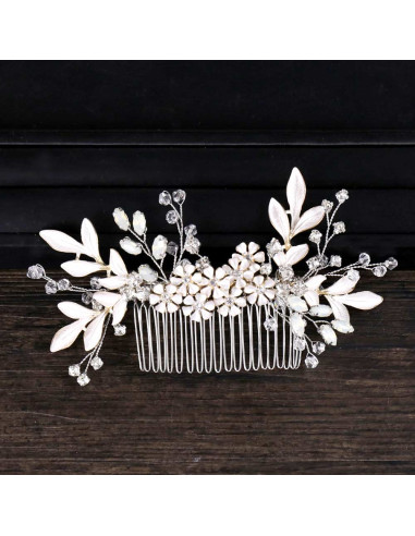 Pieptene de par din fire delicate, flori si frunze metalice pictate, cristale opalescente