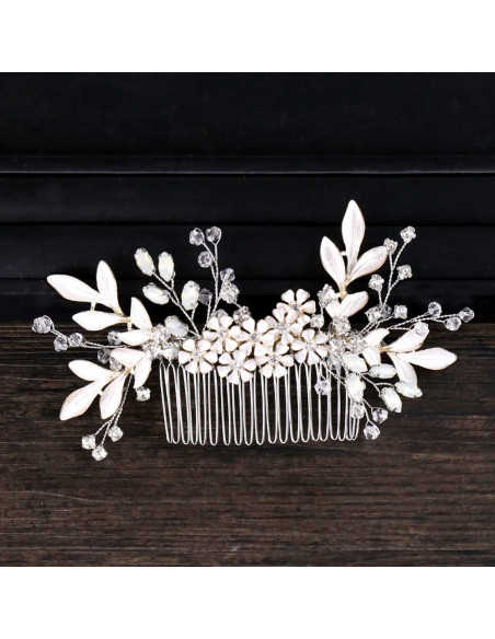 Pieptene de par din fire delicate, flori si frunze metalice pictate, cristale opalescente