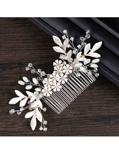 Pieptene de par din fire delicate, flori si frunze metalice pictate, cristale opalescente