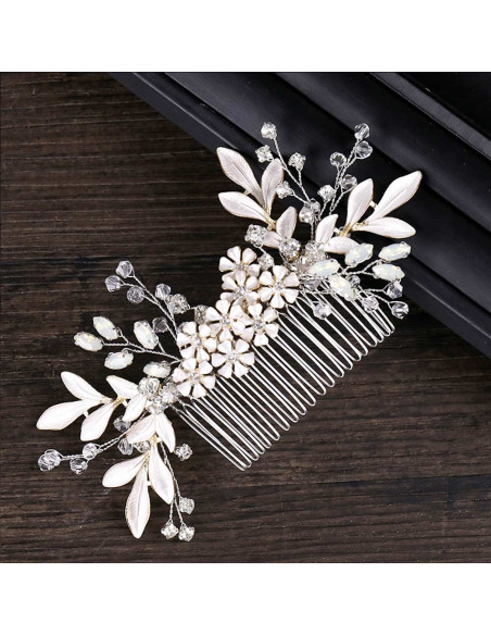 Pieptene de par din fire delicate, flori si frunze metalice pictate, cristale opalescente