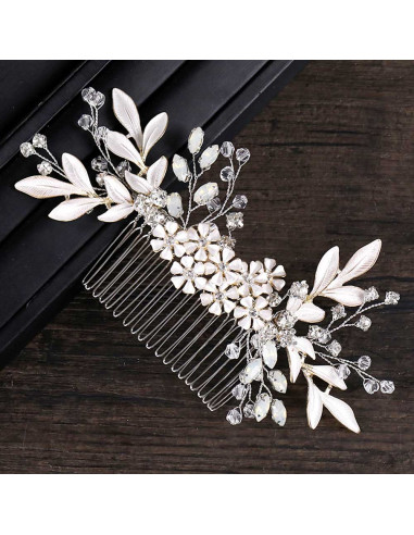 Pieptene de par din fire delicate, flori si frunze metalice pictate, cristale opalescente