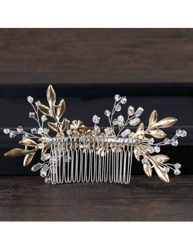 Pieptene de par din fire delicate, flori si frunze metalice pictate, cristale opalescente