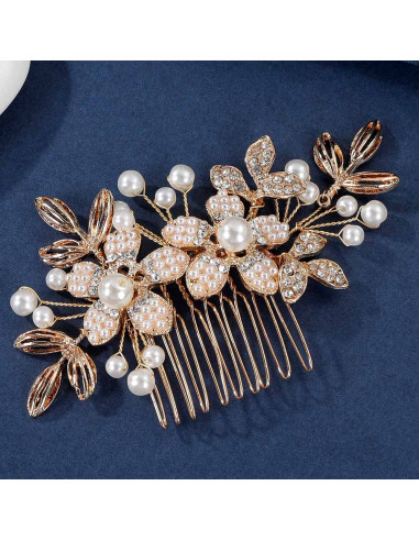 Pieptene de par din fire delicate, flori cu perlute, frunze metalice si cristale