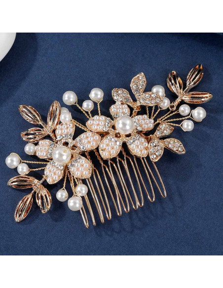 Pieptene de par din fire delicate, flori cu perlute, frunze metalice si cristale