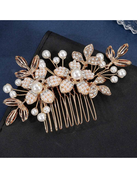 Pieptene de par din fire delicate, flori cu perlute, frunze metalice si cristale