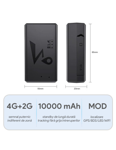 Mini GPS Tracker 4G LTE cu Magnet Puternic, 10000mAh, Localizare GPS/BDS/LBS/GSM, Cartela SIM Inclusa, Istoric Traseu