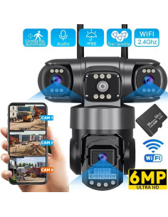 Camera Supraveghere WiFi 6MP, Tripla, 3 Ecrane, Zoom 10X, Unghi 1490° Combinat, Nocturna Color, IP65, Alarme