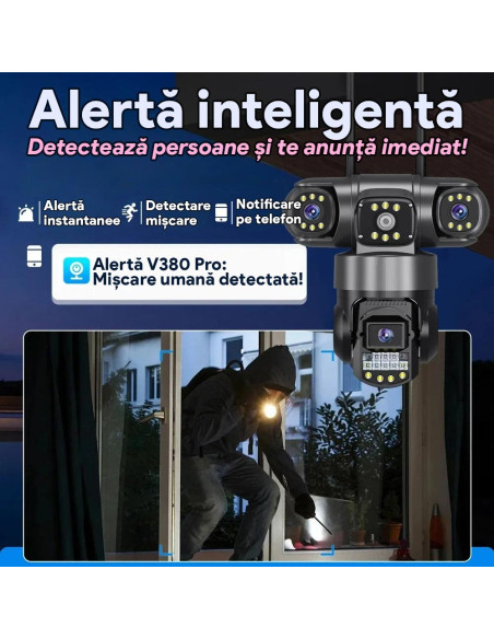 Camera Supraveghere WiFi 6MP, Tripla, 3 Ecrane, Zoom 10X, Unghi 1490° Combinat, Nocturna Color, IP65, Alarme