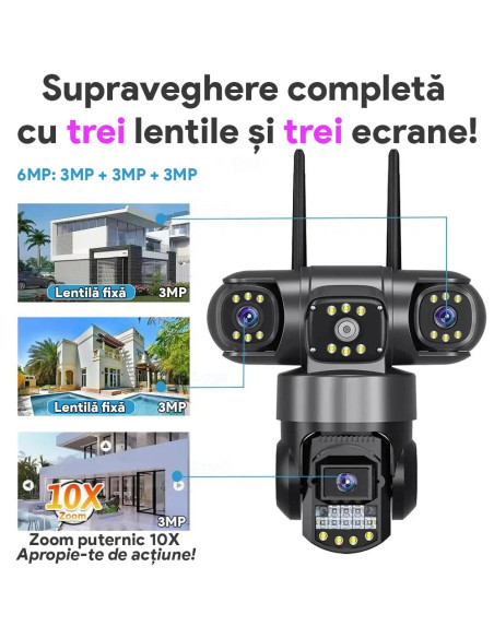Camera Supraveghere WiFi 6MP, Tripla, 3 Ecrane, Zoom 10X, Unghi 1490° Combinat, Nocturna Color, IP65, Alarme