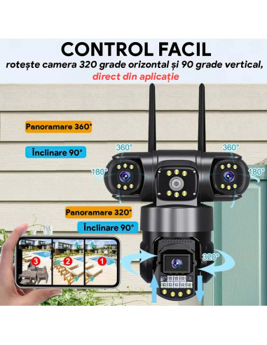 Camera Supraveghere WiFi 6MP, Tripla, 3 Ecrane, Zoom 10X, Unghi 1490° Combinat, Nocturna Color, IP65, Alarme