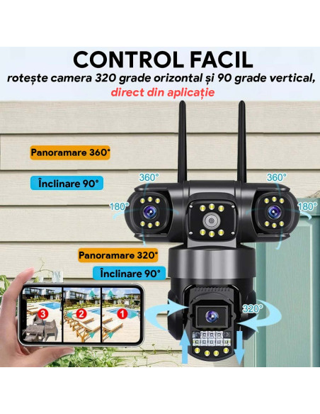 Camera Supraveghere WiFi 6MP, Tripla, 3 Ecrane, Zoom 10X, Unghi 1490° Combinat, Nocturna Color, IP65, Alarme