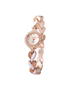 Ceas de dama elegant, curea metalica cu inimioare delicate bicolore si cristale
