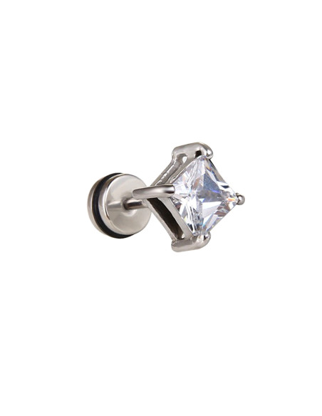 Cercel punk, ear plug fake rotund din otel, cu cristal de zirconie cubica